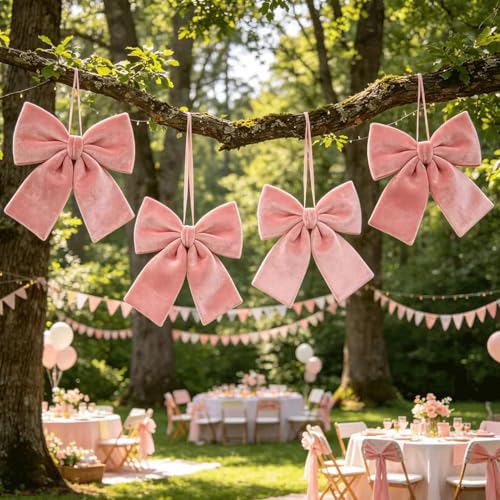 QIANGED Pink Velvet Bows 4Pcs 9.8x10.2 inch Plush Soft Pink Bows with Ultra-Thick Velvet Fabric for Wedding Decor Bridal Showers Birthday Parties Gift Wrapping Baby Showers Party Favors