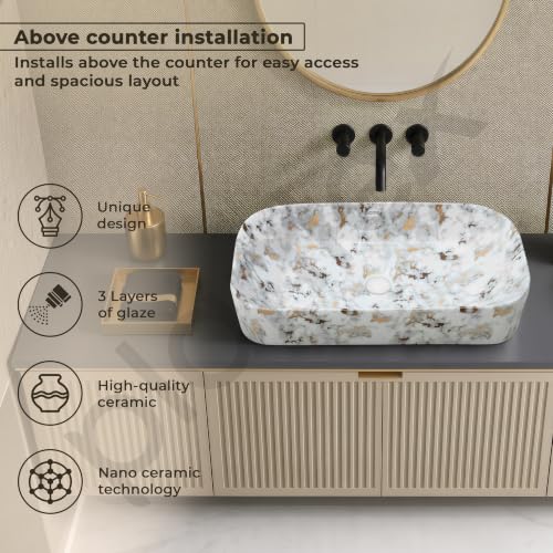 Image of Plantex Tabletop Wash Basin /Bathroom Sink /Wash Basin Over Counter /Designer Ceramic Wash Basin for Bathroom (Marble Finish - 22 x 14 x 5 Inch)