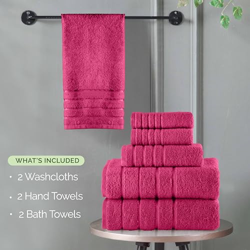Image of Elegant Comfort 4 Lines Viscose Stripe 6-Piece Premium Towel Set - 100% Turkish Cotton High Absorbent Luxury Bathroom Towels - Includes 2 Washcloths, 2 Hand Towels and 2 Bath Towels Set, Hot Pink