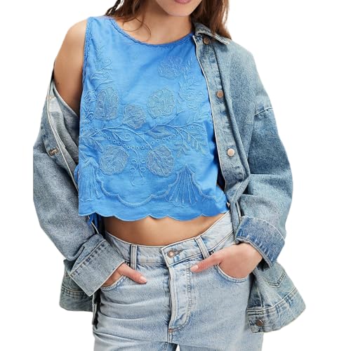 Image of Keliholiyu Embroidery Flower Tank Tops for Women Y2K Sleeveless Square Neck Tie Up Cropped Vest Summer Chic Going Out Blouse, Blue, M