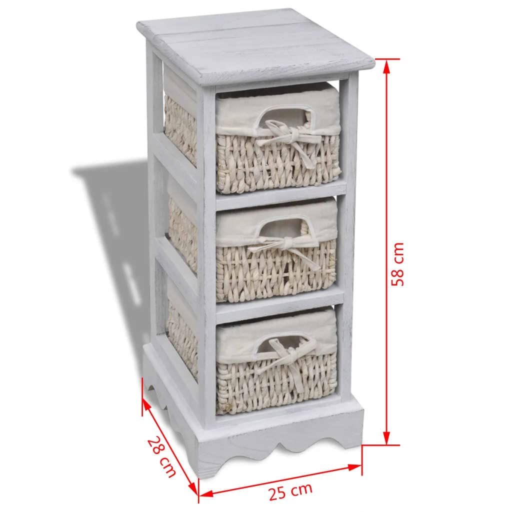 Armario de madera con 3 cestas trenzadas en color blanco, estantería de madera resistente con cestas de almacenamiento y decoración de la habitación de estilo rústico