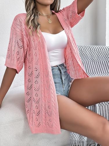 Image of Spicy Sandia Women's Loose Fit Short Sleeve Crochet Cardigan Sweaters for Summer