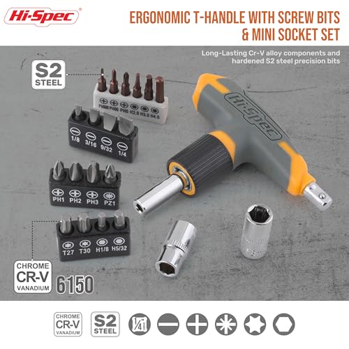 Image of Hi-Spec 30pc Magnetic T-Handle Ratchet Wrench and Screwdriver Set. Small Compact Hand Tool Kit Set with Sockets for Home & Car & Office. Toolkit Starter Repairs in a Portable Tool Box Case
