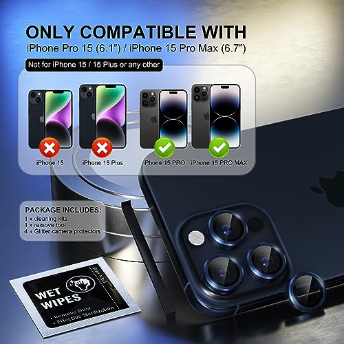 Image of Choiche Compatible for iPhone 15 Pro /iPhone 15 Pro Max Camera Lens Protector, 9H Tempered Glass Camera Cover Screen Protector Metal Ring Decoration Accessories (Blue)