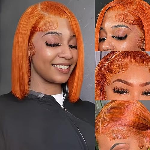 HIRIREMY Bob Wig Human Hair 13x4 HD Lace Frontal Short Straight Lace Front Bob Wigs for Black Women Human Hair Pre Plucked Glueless Side Part 180% Density Orange Ginger Color #350 12 Inch