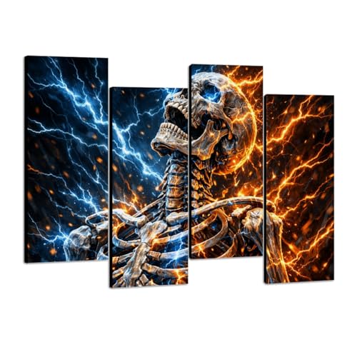 4 Pcs Canvas Wall Art Electric Blue Skeleton Energy Futuristic Abstract Effects Photo Prints Realism Stretched and Framed Artworks Modern Wall Decor for Living Room Bedroom Office
