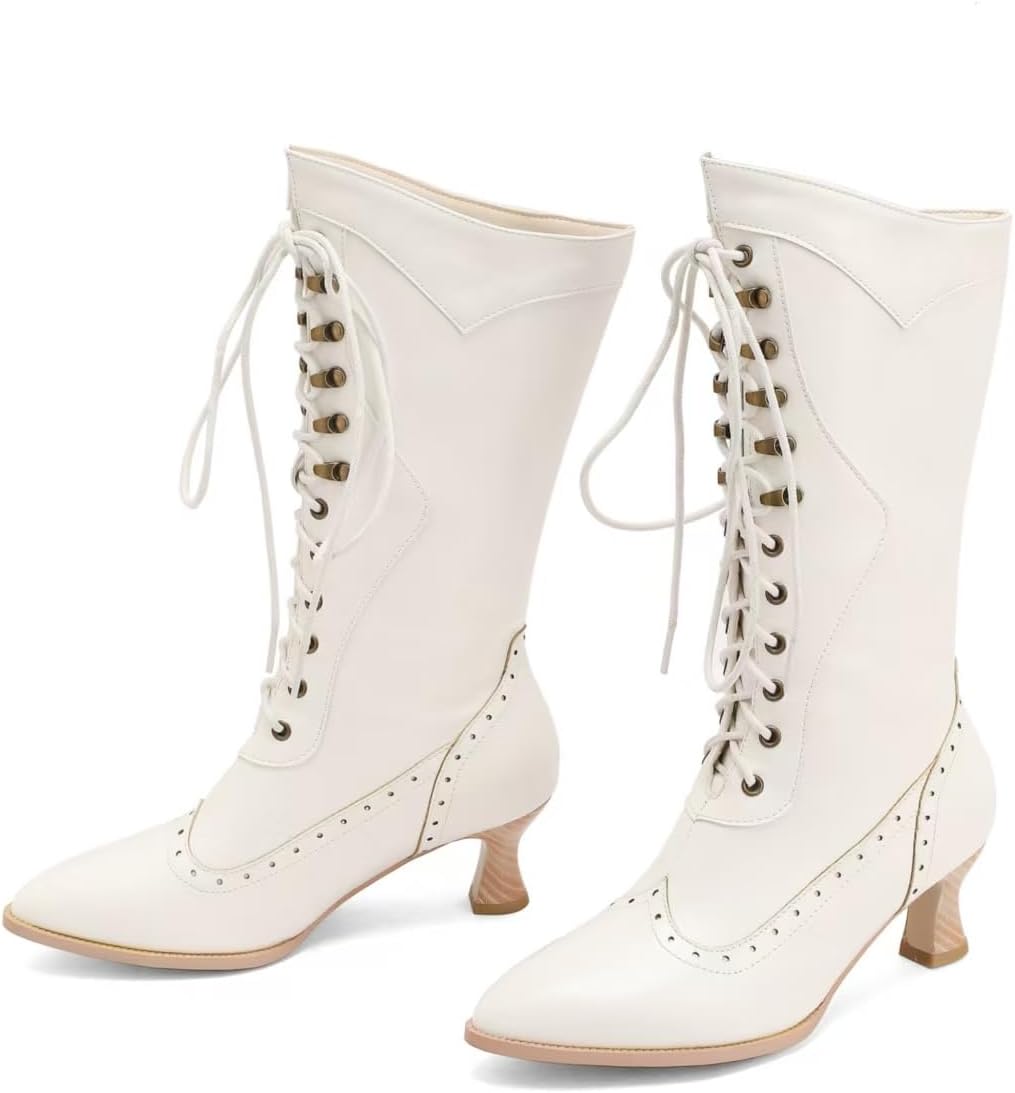 Goth Victorian Boots for Women Gothic Chunky Heels Lace Fishnet Mid-calf Boot Lace-up Wedding Cosplay Witch Costume Booties Shoes