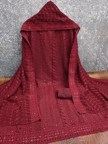 Image of Sidhidata Women's Faux Georgette Full Embroidery Lucknowi Chikankari Schiffli Work Unstitched Salwar Suit Dress Material With Embroidered Dupatta (DM Lucknowi Free Size)