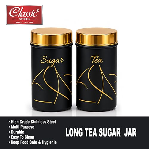 Image of Classic Steels Premium Long Tea & Sugar Canister Set (850ml) (Black) | Airtight Kitchen Canisters Stainless Steel Storage Jars with Gold Lid & Label | Matte Finish Kitchen Storage Container Set