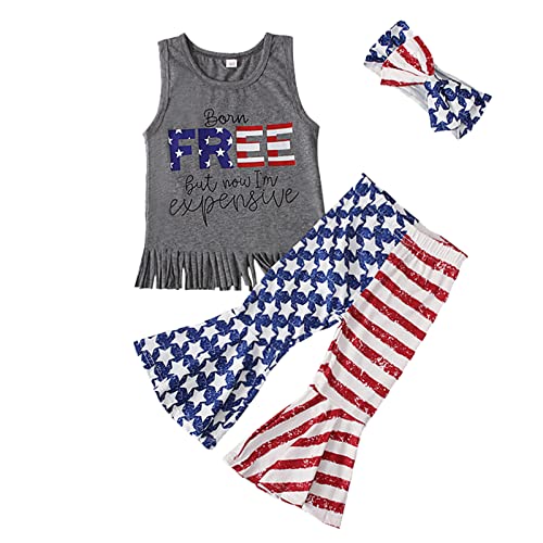 RNTOP Baby Girl 4th of July Outfit Toddler Sleeveless Tassel Tank Tops American Flag Flare Pants (Grey, 18-24 Months)