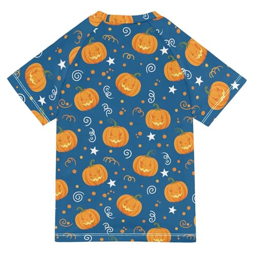 Boys Rash Guard Short Sleeve UPF 50+ Pumpkin Stars Swirls Blue Background Quick Dry Swim Shirts Swimwear for 3-12Y2