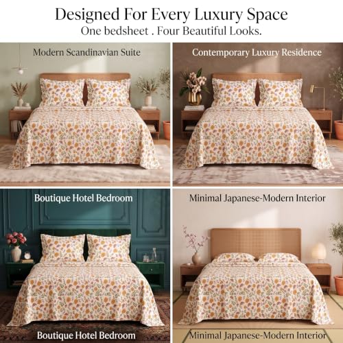 Image of BSB HOME 240 TC Cotton Double Bedsheet with 2 Pillow Covers, Soft & Breathable Floral Print Bed Sheet, Fade Resistant, Easy Care Bedding Set, 90 x 100 Inches (228 x 254 cm) - Ochre & Rust Botanical