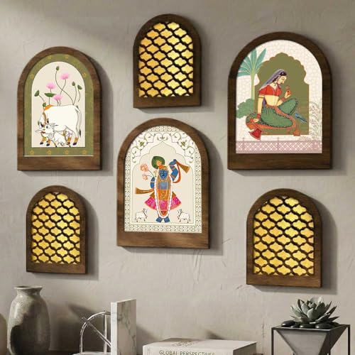 Image of Jharokha MDF Mirrors Home Decoration Items | Traditional Wall Decor Items for Living Room | Mirror Wall Hanging | Home Decor Items for Bedroom Office Set of 6 (9x12 inch & 7.5x9.5 inch)