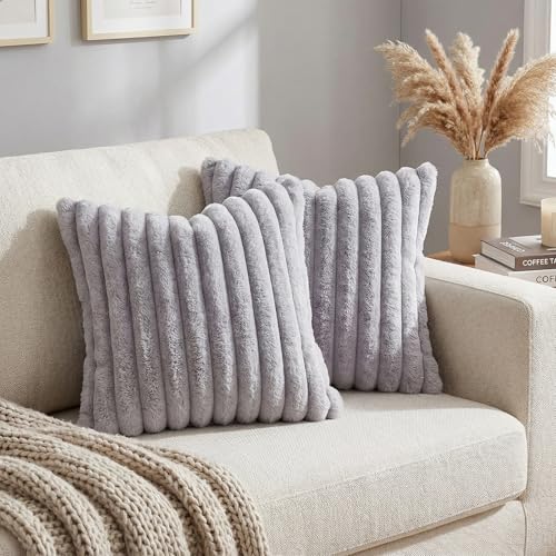 Xqzbmt 2 Pack 45x45 cm Faux Fur Fluffy Cushion Covers, Grey Plush Striped Decorative Pillowcases for Sofa Bed Living Room Home Decor