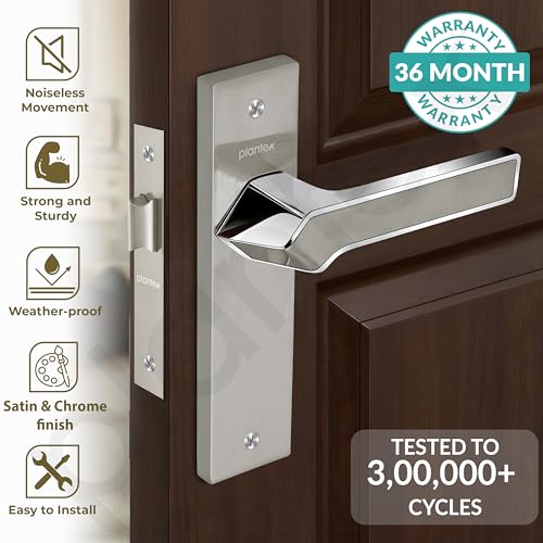Image of Plantex Heavy Duty Bathroom Door Lock - Mortise 8 Inch Keyless Plate Handle Set for Home /Bathroom /Store Room /Balcony /Office with Baby Latch (8133-Satin Steel & Chrome)