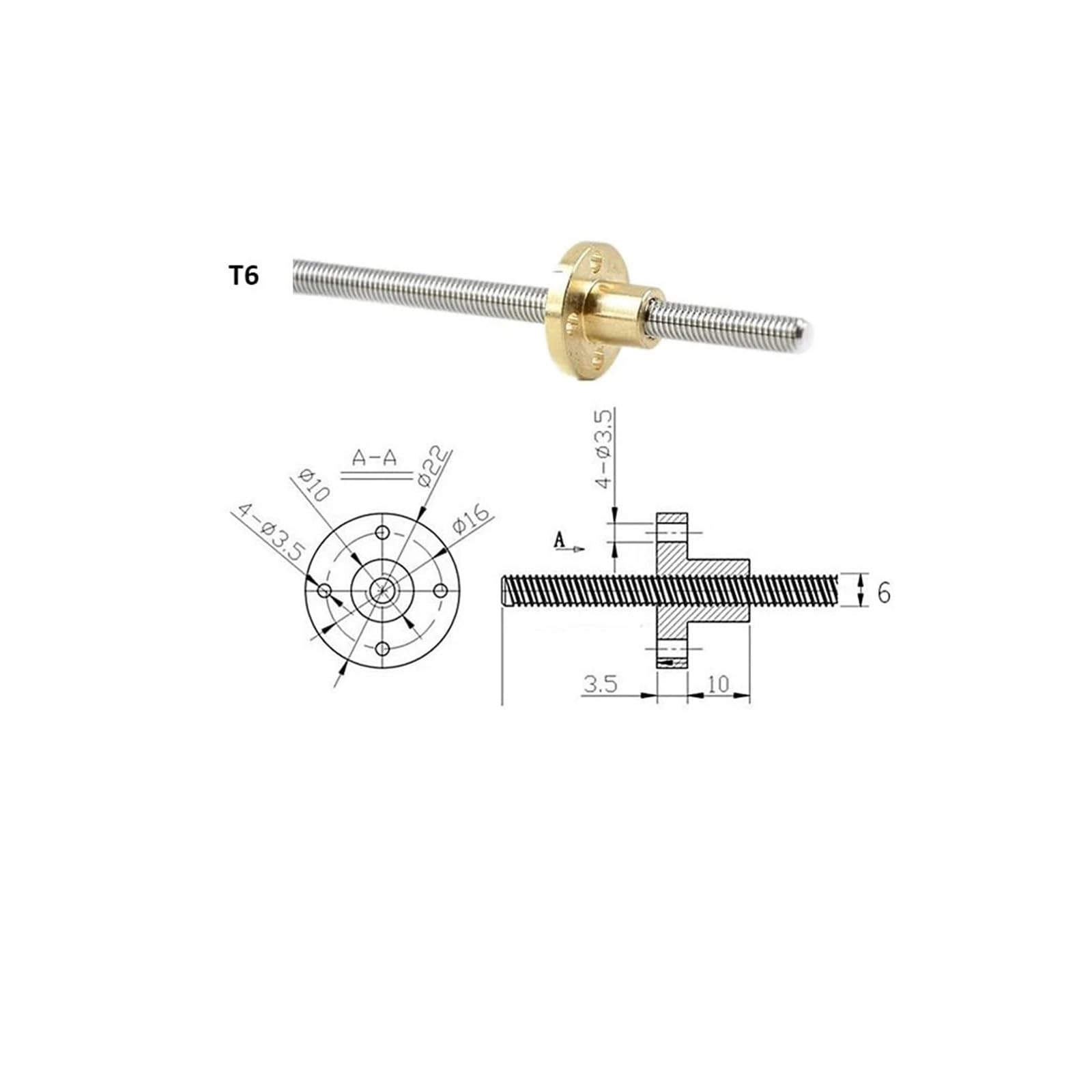 Metal Ball Screw nut T6 Lead Screw Stainless Steel Trapezoidal Screw Brass Nut Pitch 1mm Lead 6mm Trapezoidal Rod(350mm)