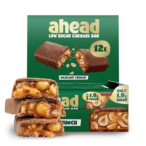 ahead Hazelnut Caramel Schokoriegel | 12x 35g Schokoriegel ohne Zuckerzusatz | 1 9 g Zucker pro Riegel | Knusprige Haselnüsse & Karamellgeschmack | Low Carb Süssigkeiten Ohne Palmöl