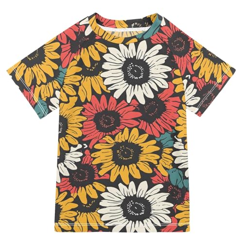 ALAZA Boys Swim Shirts Toddler Rash Guard Short Sleeve Rashguard Sunflower Abstract Retro UPF 50+ 11-12T