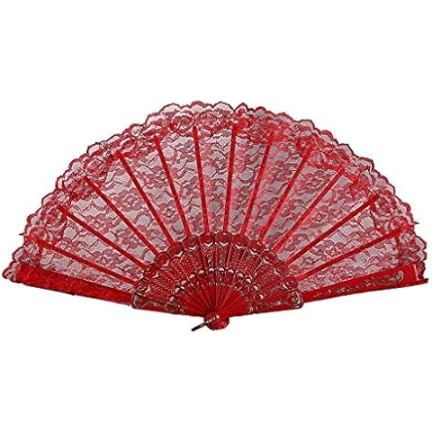 Lazzboy Hand Folding Fans Mesh Lace Plastic Flower Floral Openwork Costume Party Wedding Chinese/Japanese Decorations(Red,23cm) Cover