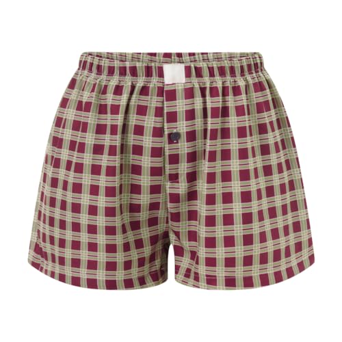 Image of Sumleno Womens Y2k Aesthetic Boxer Shorts Plaid Elastic Waist Lounge Pj Bottoms Summer Casual Gingham Pajamas Shorts