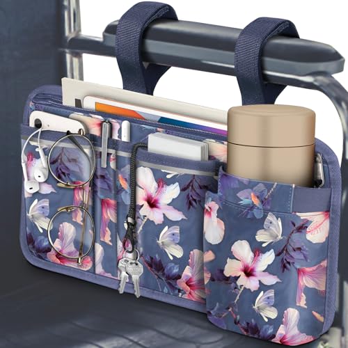 FINPAC Wheelchair Side Storage Bag w/Cup Holder Wheelchair Armrest Accessories Pouch with Pen Slot and Reflective Strips for Power Walkers Rollators Seniors - Blooming Hibiscus