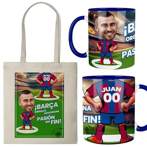 Kembilove® Taza personalizada fútbol Barça | Taza con caricatura y bolsa personalizada | Regalo original para culés | Personaliza con tu nombre y número | Afición Barcelona