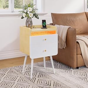 Pinmoco ナイトテーブル 引き出し付き ベッドサイドテーブル 幅40×奥行30×高さ64cm LEDライト付き おしゃれ サイドテーブル ベッド横 ソファ横 転倒防止 USB-A&USB-Cポート付き 木製 (白い, 1台)
