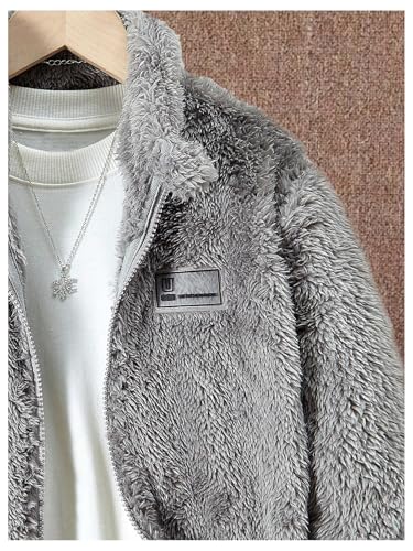 Verdusa Boy's Furry Fuzzy Fleece Jacket Drop Shoulder Zip Up Hoodie Outerwear4