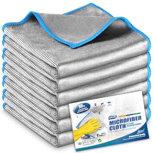 Airlab Chiffon Magique Microfibre, 6X Serviette Sans Trace Absorbant Polissage, Lingette Essuie pour Vitre Verre Lunette Miroir Vaisselle Cuisine Menage Voiture, Torchon Nettoyage Réutilisable Lavable