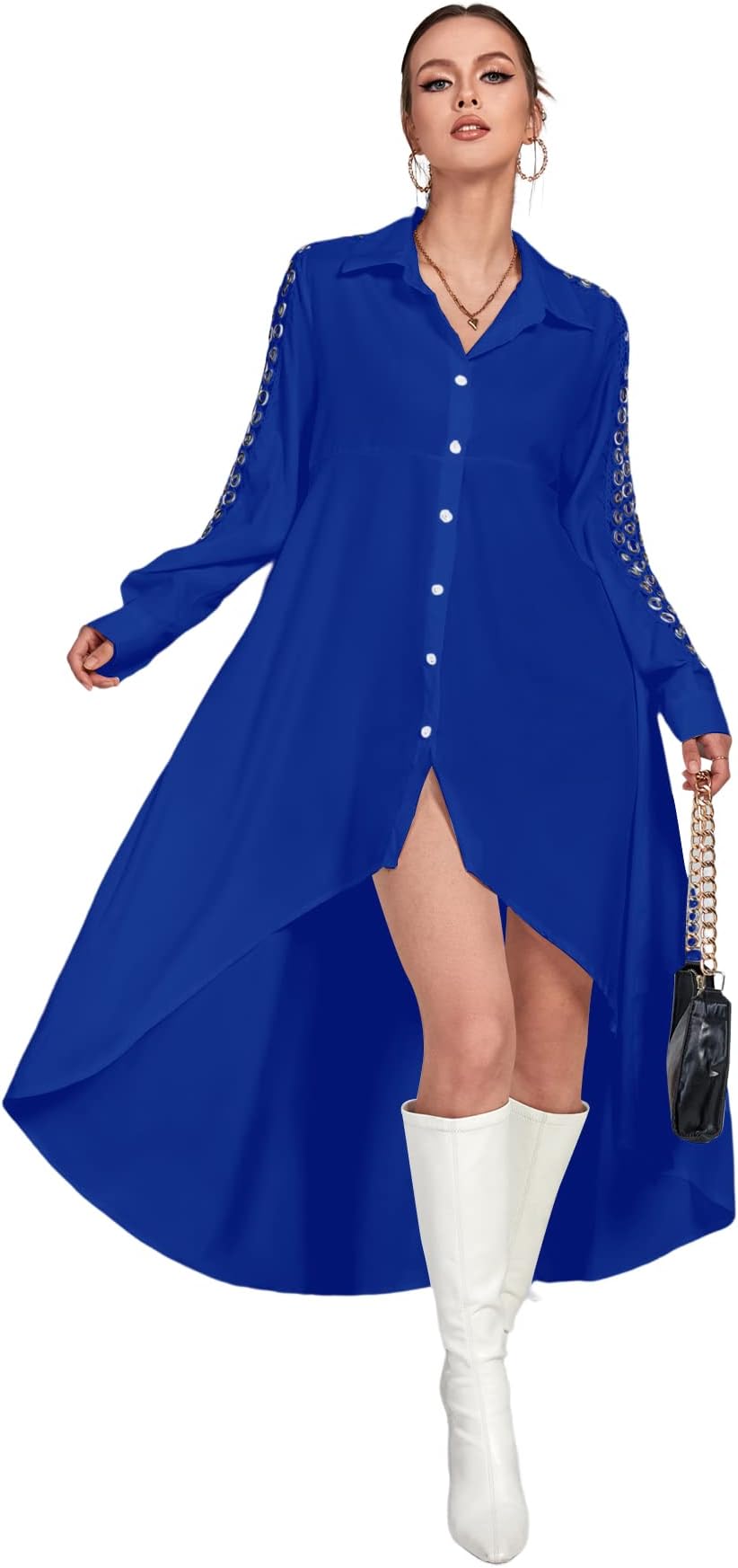 Women's Collar Button Down Flowy High Low Hem Long Sleeve Blouse Shirt Top