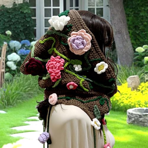 Floral Crochet Capelet Hat Handmade Winter Hooded Headgear Knitting Scarf with Tassels for Women Outdoor Activity2