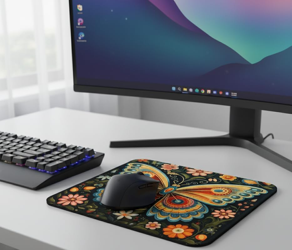 Image of Shivor Butterful Neon Mouse Mat | Large Gaming Desk Mat for Office Work Study Home | Smooth Precision Control Surface | Non Slip Rubber Base Stability | Durable Reinforced Stitched Edges