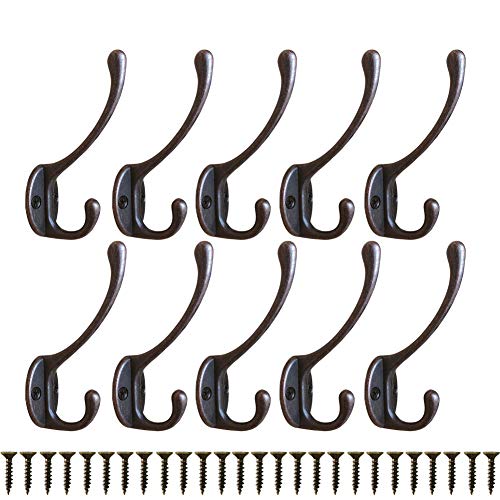 Heavy Duty Dual Coat Hooks 10 Pack Wall Mounted Hooks Metal Hooks Dual Robe Hook Rustic Hooks Retro Double Hooks Coat Hanger and Screws for Coat/Backpack/Bag/Towel/Key/Cap (2# Red Copper 10 Pack)
