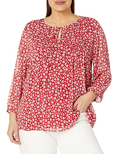 Tommy Hilfiger Damen Plus Langarm Bluse mit Bindedetail, Chili Multi, 2X – Ansicht 1