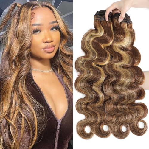 P4/27 16A Raw Highlight Body Wave Bundles Human Hair 100% Unprocessed Indian Virgin Body Wave No Tangle Shedding,Triple Lifespan Virgin Hair Extensions (P4/27 Human Hair Bnudles, 16 18 20 22 Inch)