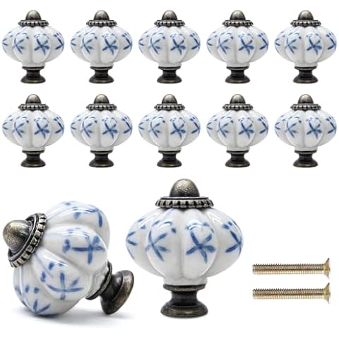 Cionyce 12 Pack Ivory Blue Pumpkin Knobs Ceramic Cabinet Knobs Retro Dresser Knobs Vintage Drawer Knobs Pulls for Vanity, Closet Cover