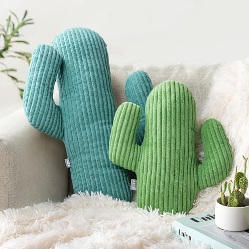 AELS Set of 2 Cactus Decorative Throw Pillows, 22'&14' Corduroy Striped Cactus Plush Pillow Set, Office Nap Pillow, Cute Succulent Throw Pillow for Nursery Bedroom Room Decor, Blue Green & Grass Green