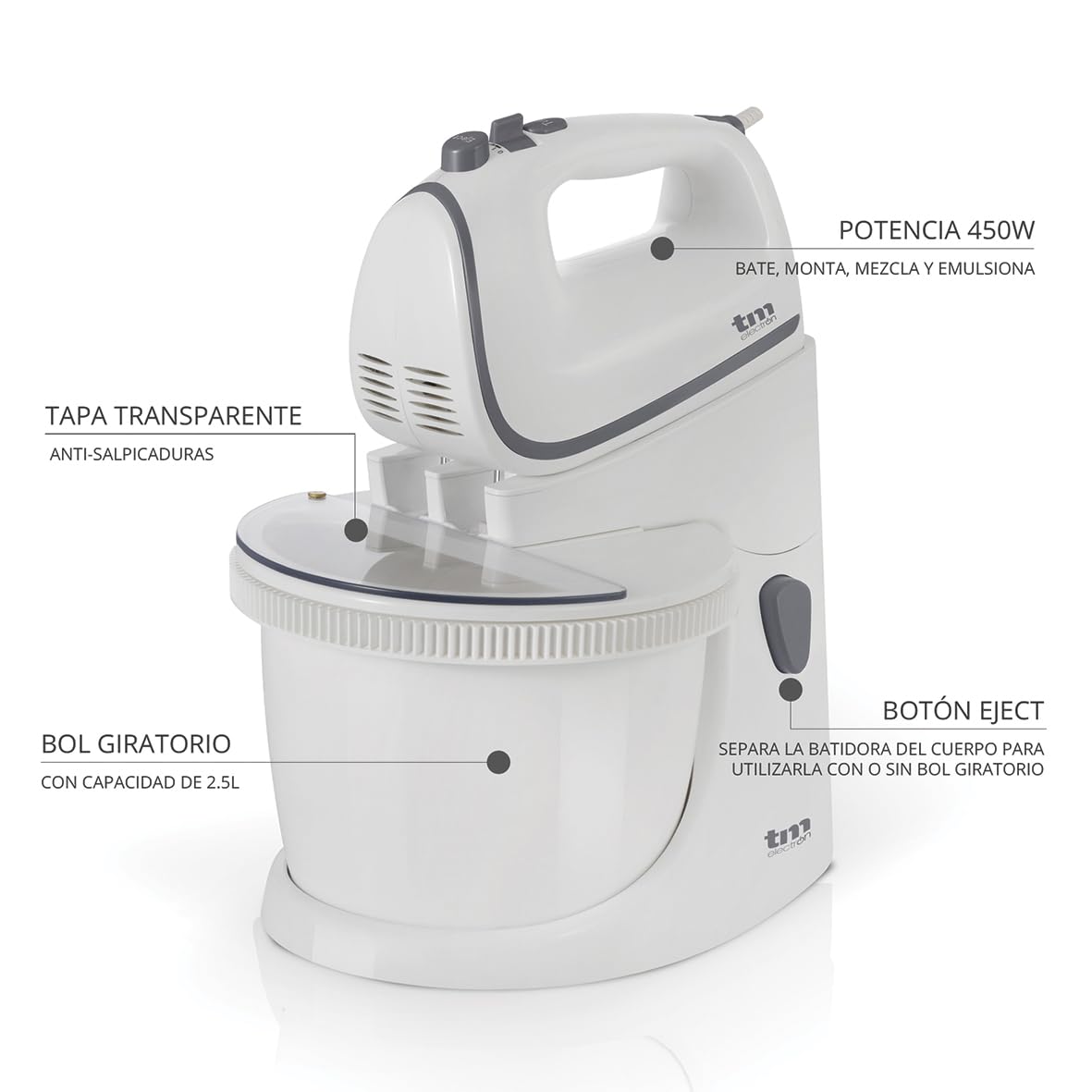 TM Electron TMPBA112 - Batidora Amasadora para repostería con bol 2.5 L y tapa antisalpicadura, 450 W