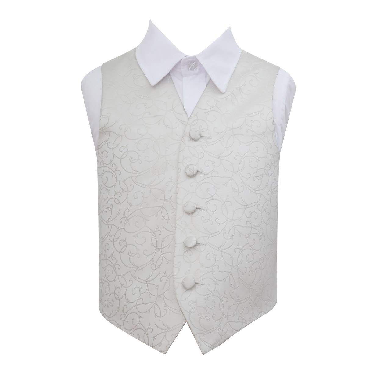 Dqt Boys Ivory Swirl Floral Jacquard Wedding Waistcoat For Page And Formal Suit - 5-6 Years 26"