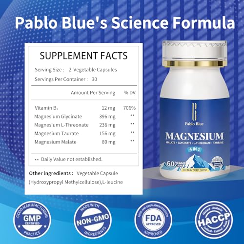 Image of Pablo Blue 4-in-1 Magnesium Glycinate Complex for Women & Men, Chelated Magnesium Threonate, Taurate, Malate & Vitamin B6, Sleep Aid, Brain Function, Muscle Relaxation & Calm Support, Gluten Free