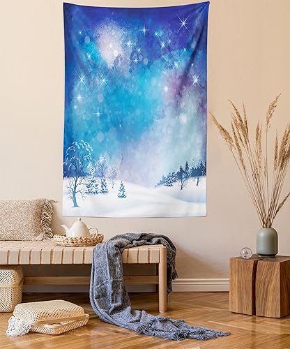 Lunarable Night Sky Tapestry Queen Size, Christmas Themed Abstract Snow Winter Scenery Pine Trees, Wall Hanging Bedspread Bed Cover Wall Decor, 88" X 88", Pale Blue