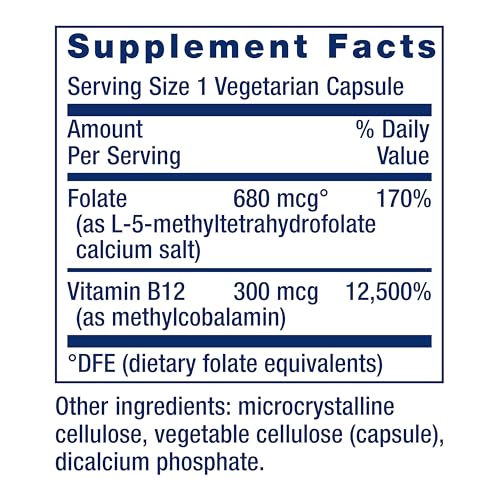 Image of Life Extension BioActive Folate & Vitamin B12, Promotes Heart, Brain & GI Tract Health, Non-GMO, Gluten-Free, Vegetarian, 90 Capsules