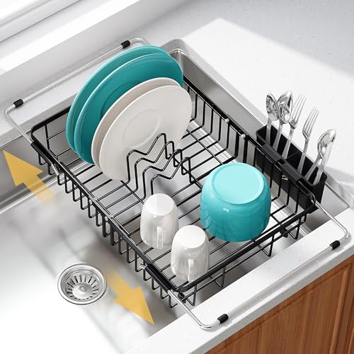 Image of JASIWAY Black Dish Drying Rack Over the Sink with Utensil Holder