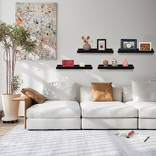 Picture Shelf With Ledge,Photo Ledge Shelves Set Of 4,Rustic Wood Storage Display Shelves Wall Mounted For Living Room Bedroom Kitchen Kids Nursery Photo Frames Book,Home Office Decor （Black,17 Inch) #TOP1