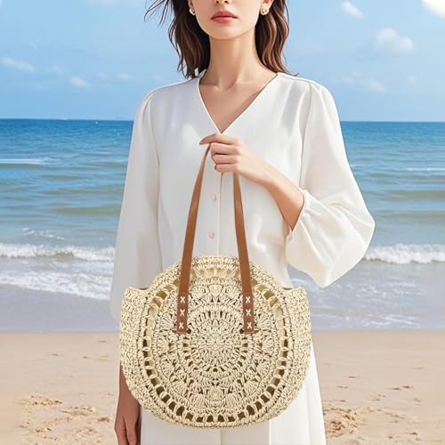 Image of Naimo Women Straw Beach Shoulder Bag Woven Tote Handbag Large Handmade Weaving Summer Casual Hobo Bag