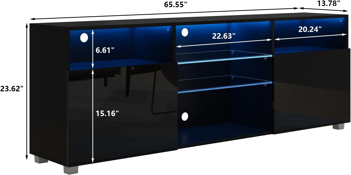 St.Mandyu LED TV Stand for 65/75 inch TV, Modern Television Table Center Media Console with Drawer and Led Lights, High Glossy Entertainment Center for Living Game Room Bedroom(Black)¡ - Image 2