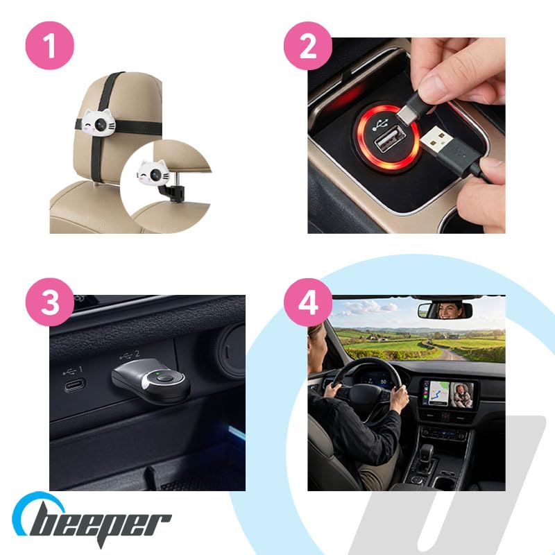 BEEPER BABEECAM 2 • Telecamera per bambini con CarPlay & Android Auto – Kit di Sorveglianza Baby Embedded Telecamera per Sedile Posteriore, Display su Schermo del Veicolo, Installazione Facile