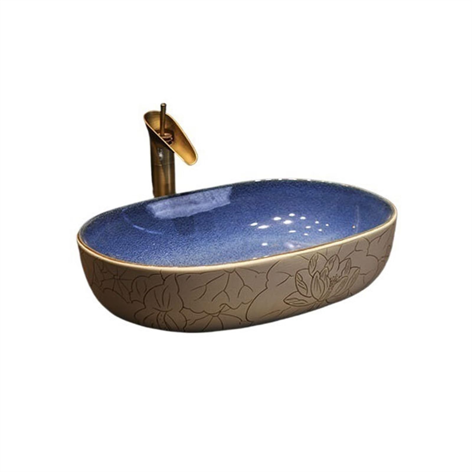 Sjdopulse Vessel Sink Vessel Vanity Sink Household Ceramic Wash Basin Antique Art Carving Countertop Basin Single Sink Bathroom Balcony Washbasin Bathroom Sink Ceramic Small Sink Bowl