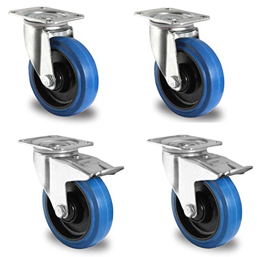 Voluker lote de 4 100mm Ruedas giratorias,Ruedas para Muebles,Maxi Capacidad 600kg(2 con Freno,2 sin Freno), con placa de montaje y rodamiento de bolas,Azul