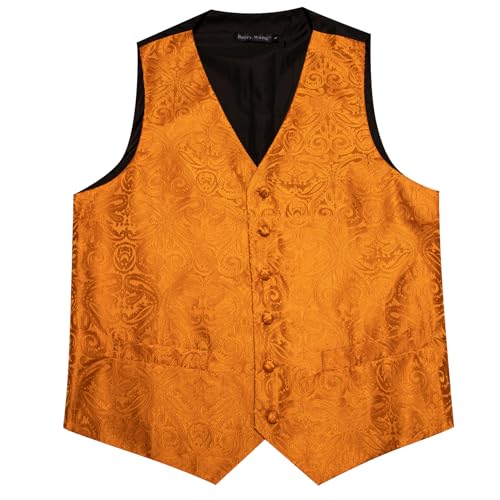 Image of Barry.Wang Mens Orange Suit Vest Jacquard Silk Flower Ties Handkerchief Cufflinks Waistcoat Set Formal Wedding Tuxedo 5PCS